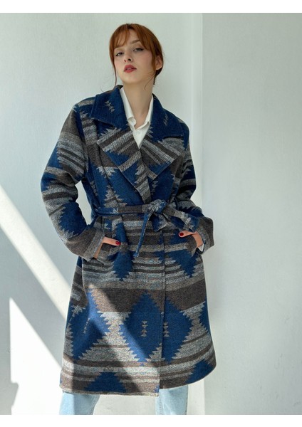Özel Tasarım Retro Model Oversize Kruvaze Kareli Kaşe Kaban Kadın Füme