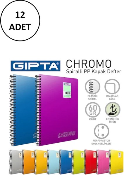 Chromo Spiralli Pp Kapak Defter A4 60 Yaprak Düz 12 Adet