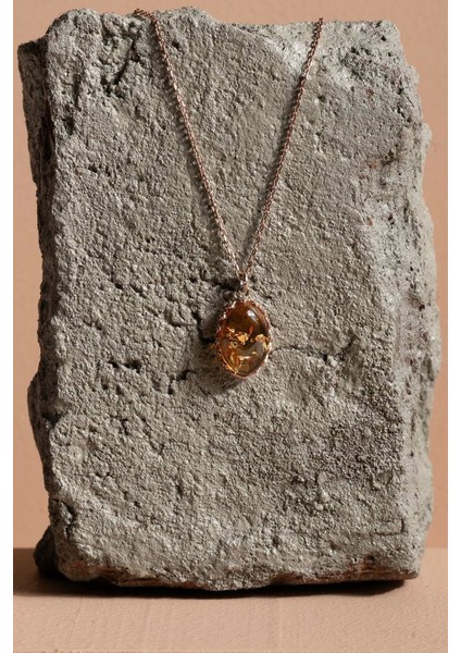 Damla Kehribar Taşlı Minimal Gümüş Kolye Rose Rengi