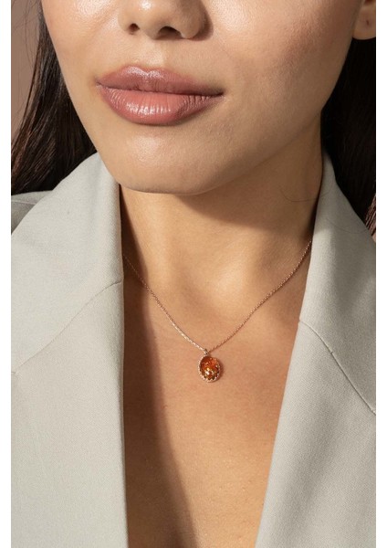 Damla Kehribar Taşlı Minimal Gümüş Kolye Rose Rengi fiyatları