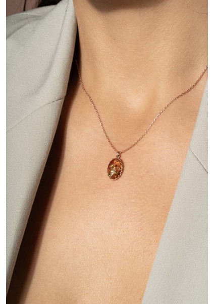 Damla Kehribar Taşlı Minimal Gümüş Kolye Rose Rengi fırsatları