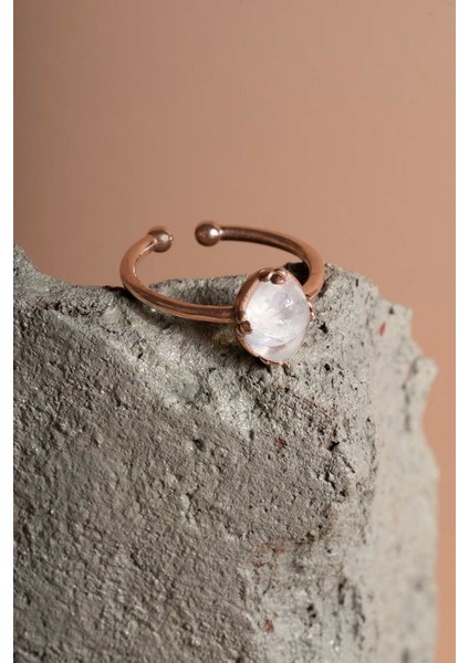 Doğal Ay Taşı Taşlı Minimal Gümüş Ayarlanabilir Kadın Yüzük Rose Rengi - 9