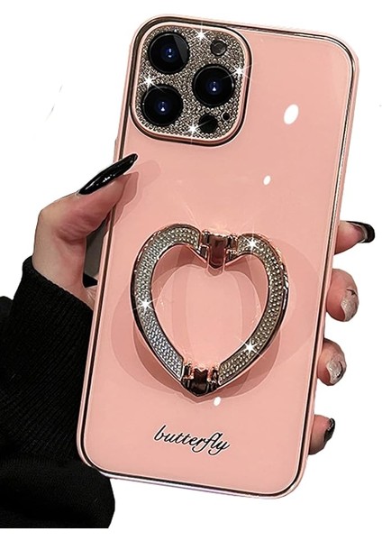iPhone 13 Pro Max ile Uyumlu Kızlar Için Kılıf Kadın Sevimli Parıltılı Rhinestones Kaplama Kılıf ve Kalp Katlama Standı Tutucu Sert Pc Geri iPhone 13 Pro Max Için Yumuşak Tpu Tampo (Yurt Dışından)