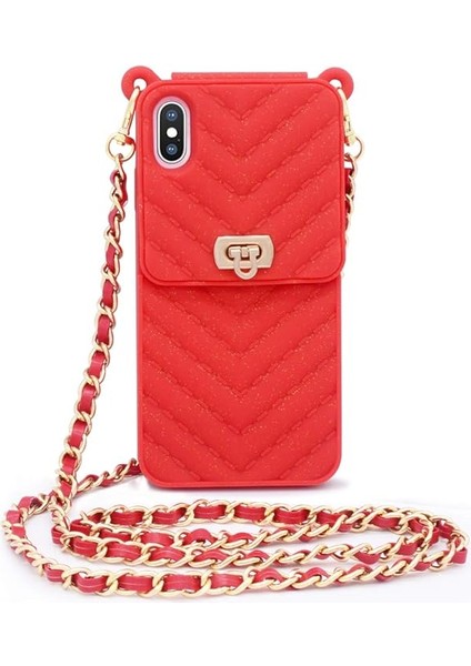 IPhone Xs Max Cüzdan Telefon Kılıfı ile Boyun ve Haberci Zinciri Kredi Kartı Yuvası Kız Kadın Silikon Darbeye Dayanıklı Telefon Kılıfı (Kırmızı) (Yurt Dışından)
