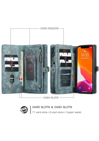 iPhone 13PRO Max ile Uyumlu Cüzdan Kılıf Kart Tutuculu Kapak Deri Flip Retro 2'si 1 Arada Ayrılabilir Manyetik Fermuarlı Cebi Ince Telefon Kılıfları 6.7'' (Mavi) (Yurt Dışından) fiyatları