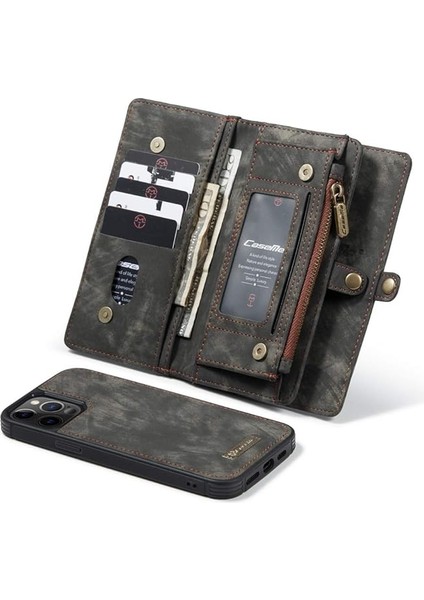 iPhone 13PRO Max ile Uyumlu Cüzdan Kılıf Kart Tutuculu Kapak Deri Flip Retro 2'si 1 Arada Ayrılabilir Manyetik Fermuarlı Cebi Ince Telefon Kılıfları 6.7'' (Siyah) (Yurt Dışından)