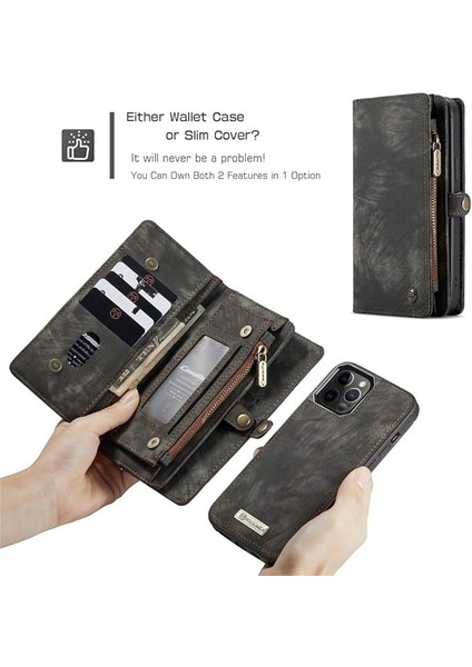 iPhone 13PRO Max ile Uyumlu Cüzdan Kılıf Kart Tutuculu Kapak Deri Flip Retro 2'si 1 Arada Ayrılabilir Manyetik Fermuarlı Cebi Ince Telefon Kılıfları 6.7'' (Siyah) (Yurt Dışından) fırsatları