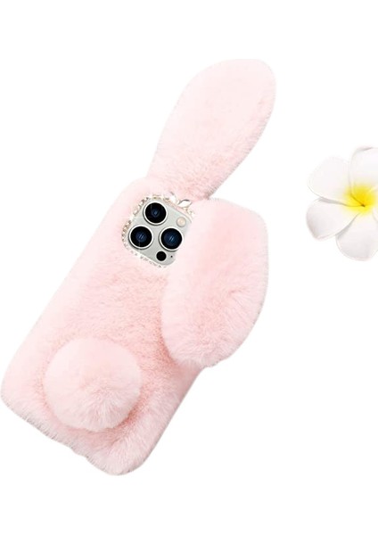 iPhone 13PROMAX Kılıf Lapopnut Sevimli Tavşan Kulakları Kılıf Lüks Süper Yumuşak Sıcak Kabarık Kürklü Tavşan Darbeye Dayanıklı Geri Silikon Kılıf Kapak, Şık Ilmek Bling Elmas, Pemb (Yurt Dışından)