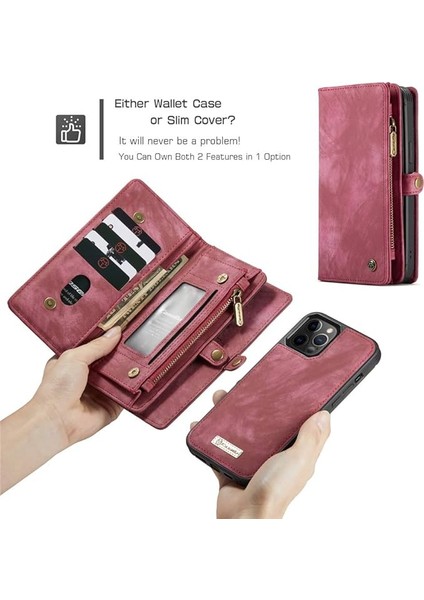 iPhone 13PRO Max ile Uyumlu Cüzdan Kılıf Kart Tutuculu Kapak Deri Flip Retro 2'si 1 Arada Ayrılabilir Manyetik Fermuarlı Cebi Ince Telefon Kılıfları 6.7'' (Kırmızı) (Yurt Dışından) fırsatları