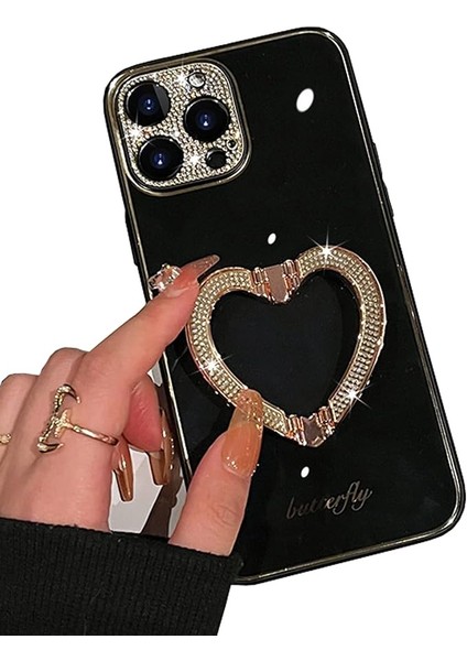 iPhone 12 Pro Max ile Uyumlu Kızlar Için Kılıf Kadın Sevimli Glitter Rhinestones Kaplama Kılıf ve Kalp Katlama Standı Tutacağı Sert Pc Geri iPhone 12 Pro Max 6.7" Için Yumuşak Tpu (Yurt Dışından)