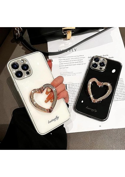 iPhone 12 Pro Max ile Uyumlu Kızlar Için Kılıf Kadın Sevimli Glitter Rhinestones Kaplama Kılıf ve Kalp Katlama Standı Tutacağı Sert Pc Geri iPhone 12 Pro Max 6.7" Için Yumuşak Tpu (Yurt Dışından) fiyatları