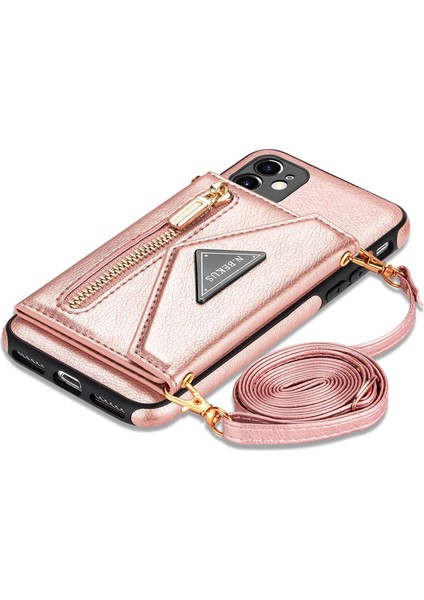 Cüzdan iPhone 11 Için Kordon Askılı Telefon Kılıfı Kredi Kartı Tutacağı Crossbody, Pu Deri Koruyucu Çanta Fermuarlı Çanta Çubuğu Kapak Kadın Kız (Gül Altın) (Yurt Dışından)