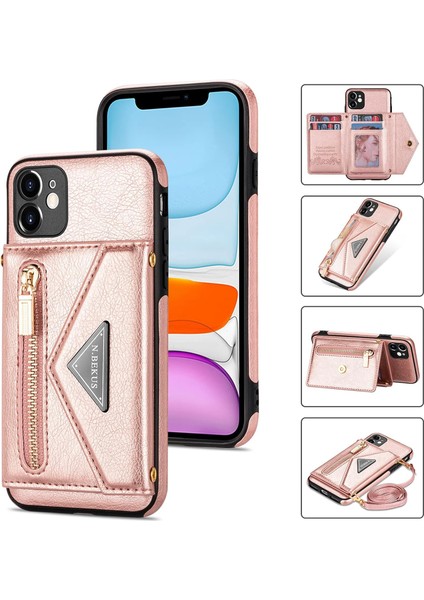 Cüzdan iPhone 11 Için Kordon Askılı Telefon Kılıfı Kredi Kartı Tutacağı Crossbody, Pu Deri Koruyucu Çanta Fermuarlı Çanta Çubuğu Kapak Kadın Kız (Gül Altın) (Yurt Dışından)