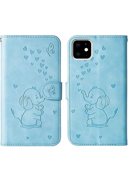 iPhone 12 Mini Telefon Kılıfı, Kart Yuvalı Güzel Fil Aşk Kalp Karikatür Deseni, Katlanır Stand, Manyetik Kapak Kapağı, iPhone 12 Mini (5.4 Inç) ile Uyumlu -Mavi (Yurt Dışından)