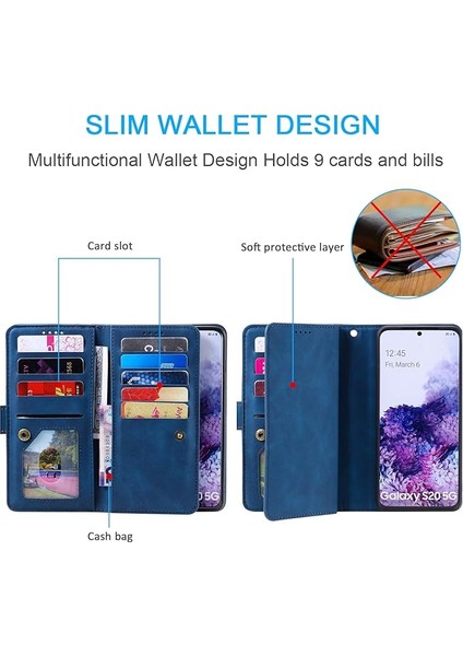 Samsung Galaxy S22 5g Için Cüzdan Telefon Kılıfı, Retro Mat 9 Kart Tutucu Yuvaları Fermuarlı Cebi Kılıf Pu Deri Bilek Kayışlı Manyetik Kapatma Çubuğu Folyo Flip Case - Mavi (Yurt Dışından)