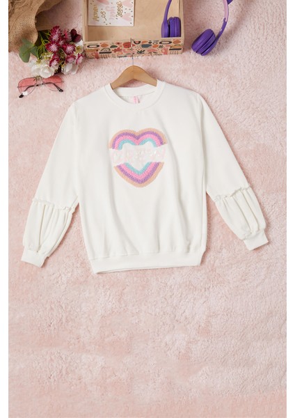 Ekru Renkli Kalp Desenli Payetli Kız Çocuk Sweatshirt 16692