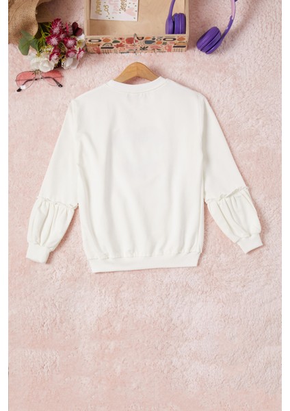 Ekru Renkli Kalp Desenli Payetli Kız Çocuk Sweatshirt 16692 fırsatları