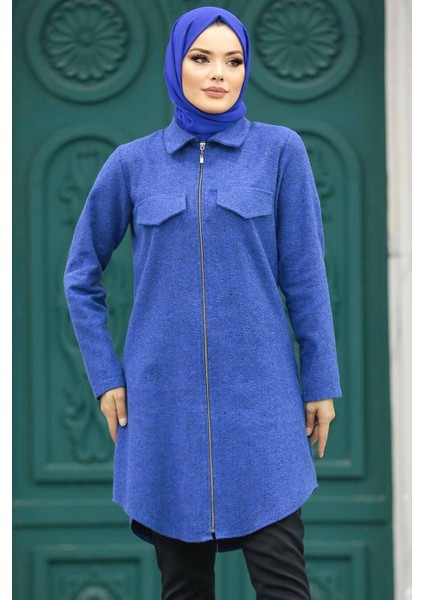 Neva Style Fermuarlı Indigo Mavisi Tesettür Kaşe Tunik 5944IM