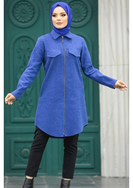 Neva Style Fermuarlı Indigo Mavisi Tesettür Kaşe Tunik 5944IM