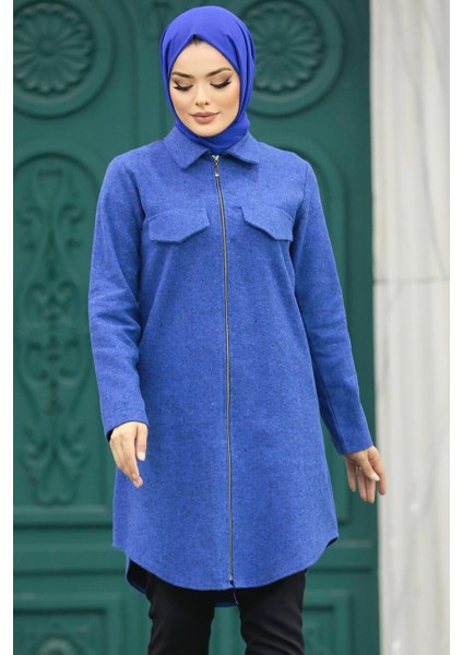 Neva Style Fermuarlı Indigo Mavisi Tesettür Kaşe Tunik 5944IM