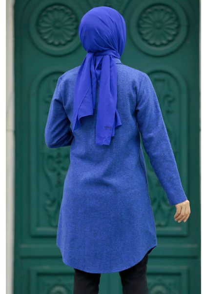 Neva Style Fermuarlı Indigo Mavisi Tesettür Kaşe Tunik 5944IM