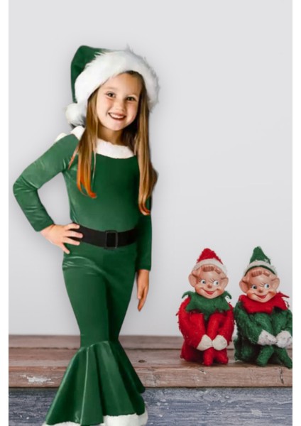 Çocuk Ponpon Kukuletalı Yılbaşı - Noel Kostüm Tulum Kemer Dahildir Parlak Inci Kadife Kumaş