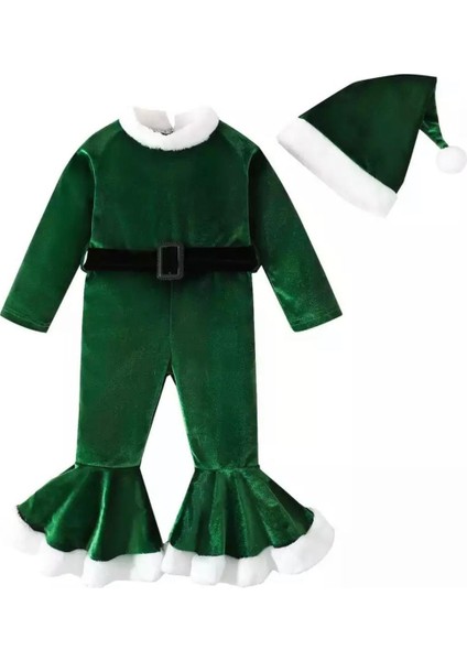 Çocuk Ponpon Kukuletalı Yılbaşı - Noel Kostüm Tulum Kemer Dahildir Parlak Inci Kadife Kumaş modelleri