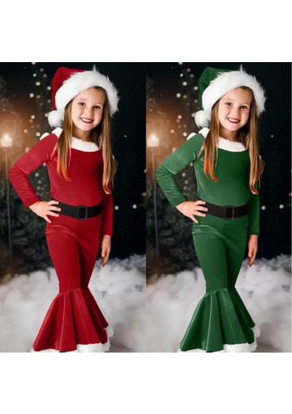 Çocuk Ponpon Kukuletalı Yılbaşı - Noel Kostüm Tulum Kemer Dahildir Parlak Inci Kadife Kumaş fırsatları