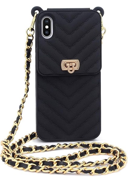 Iphone6 / 7 / 8 / Se2 Cüzdan Cep Telefonu Kılıfı ile Boyun ve Haberci Zinciri Kredi Kartı Yuvası Kız Kadın Silikon Darbeye Dayanıklı Cep Telefonu Kılıfı (Siyah) (Yurt Dışından)