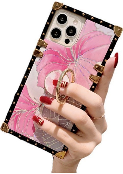 iPhone 13 Pro Max ile Uyumlu Kare Telefon Kılıfı, Parlak Çiçekler Desenli Darbeye Dayanıklı Koruma Halkalı Standlı Ağır Hizmet Pembe Telefon Kılıfı (Yurt Dışından)