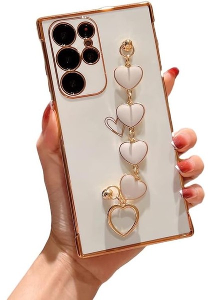 Samsung Galaxy S22 Ultra Kılıf Için Kadın Kızlar Için Sevimli, Aşk-Kalp Kayışı Bileklik Zincir Tutma ile Lüks Kaplama Kapak Yumuşak Parlak Tpu Silikon Kılıf Galaxy S22 Ultra Beyaz (Yurt Dışından)