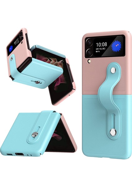 For Compatible With Samsung Galaxy Z Flip 3 Case, Leather Cover, Slim Drop Case Bumper Case With Stand, Shoulder Strap, Galaxy Z Flip 3 5g - Ice Blue + Pink (Yurt Dışından)