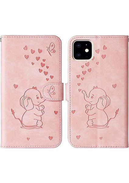 iPhone 12 Mini Telefon Kılıfı, Kart Yuvalı Güzel Fil Aşk Kalp Karikatür Deseni, Katlanır Stand, Manyetik Kapak, iPhone 12 Mini (5,4 Inç) ile Uyumlu - Pembe (Yurt Dışından)