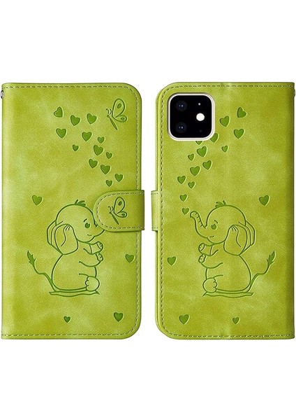 iPhone 12 Mini Telefon Kılıfı, Kart Yuvalı Güzel Fil Aşk Kalp Karikatür Deseni, Katlanır Stand, Manyetik Kapak Kapağı, iPhone 12 Mini (5,4 Inç) ile Uyumlu - Yeşil (Yurt Dışından)
