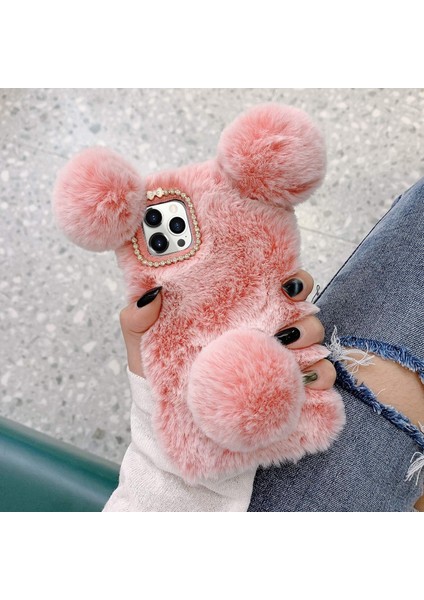 iPhone 13 Mini Için Peluş Kürklü Kılıf, Bling Glitter 3D Elmas Ilmek Kamera Koruma Kapağı ile Bulanık Kabarık Top Tavşan Kürk Saç Sevimli Karikatür Ayı Kulak (Yurt Dışından)