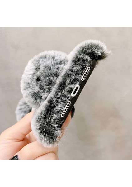 iPhone 13 Mini Için Peluş Kürklü Kılıf, Bling Glitter 3D Elmas Ilmek Kamera Koruma Kapağı ile Bulanık Kabarık Top Tavşan Kürk Saç Sevimli Karikatür Ayı Kulak (Yurt Dışından) modelleri