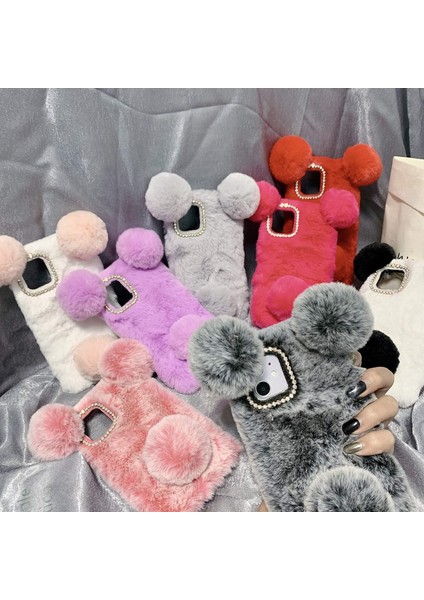 iPhone 13 Mini Için Peluş Kürklü Kılıf, Bling Glitter 3D Elmas Ilmek Kamera Koruma Kapağı ile Bulanık Kabarık Top Tavşan Kürk Saç Sevimli Karikatür Ayı Kulak (Yurt Dışından) indirimleri