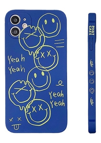 Sevimli Siyah Mutlu Gülümseme Graffiti Yan Baskı Telefon Kapağı Apple iPhone 12 Için Kadınlar Için Ince Yumuşak Kılıflar iPhone 12 Mavi (Yurt Dışından)