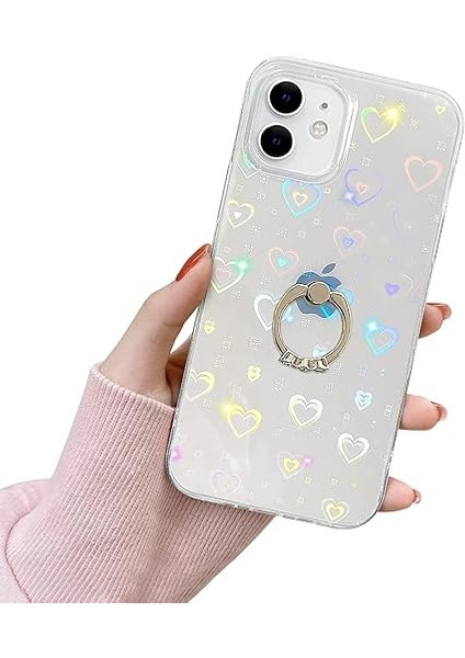 iPhone 11 Kılıf ile Uyumlu, Elmas Yüzüklü Clear Sparkle Bling Laser Darbeye Dayanıklı Koruyucu Kapak Kickstand Kızlar Kadınlar Için Moda Renkli Parıltılı Aşk Kalp Tasarımı (Yurt Dışından)