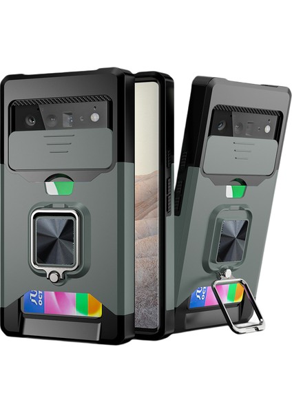 Google Pixel 6 2021 ile Uyumlu Kamera Kılıfı ve Destek Ayaklı Kılıf, Sürgülü Mercek Kapağı+Döndürme Halkası Standı+Kart Tutucu, Darbeye Dayanıklı, Google Pixel 6 Yeşil Için Tam Kor (Yurt Dışından)