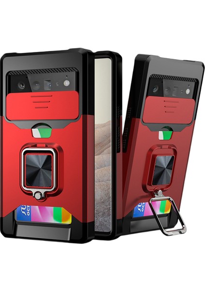 Google Pixel 6 Pro 2021 ile Uyumlu Kamera Kılıfı ve Destek Ayaklı Kılıf, Sürgülü Mercek Kapağı+Döndürme Halkası Standı+Kart Tutucu, Darbeye Dayanıklı, Google Pixel 6 Pro Kırmızı Iç (Yurt Dışından)