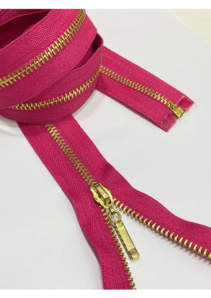 Demir Diş Kaban Mont Fermuarı / 110 cm / Fuşya / Gold Diş / No 4,5