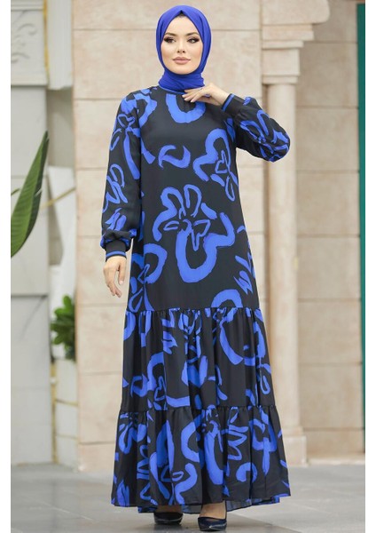 Desenli Sax Mavisi Tesettür Elbise 12437SX