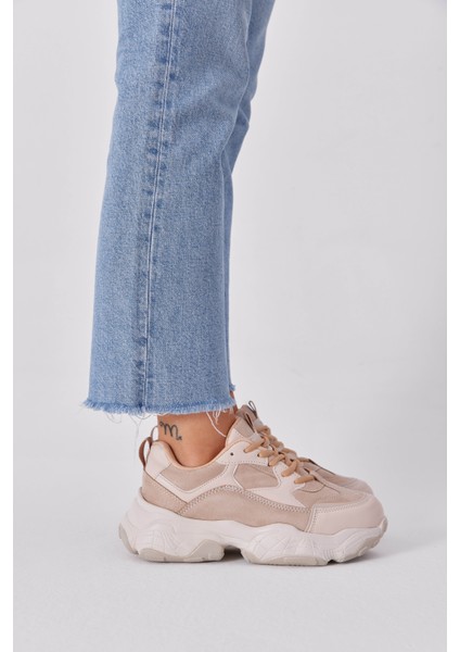 Kadın Bej Poli Taban Kumaş Bağcıklı Sneaker