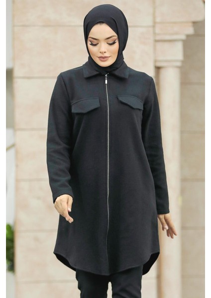 Fermuarlı Siyah Tesettür Kaşe Tunik 5944S