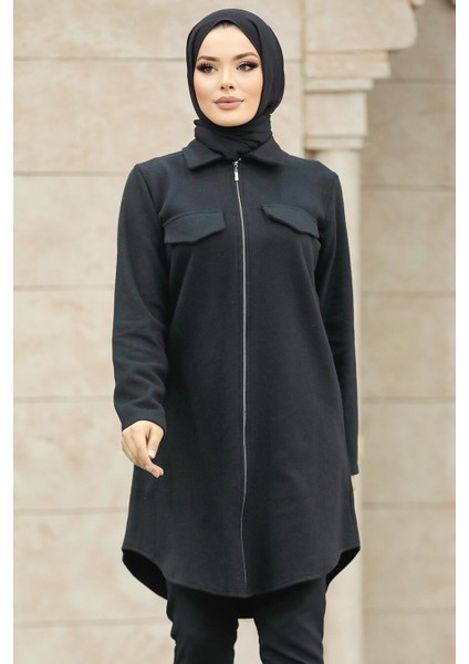 Fermuarlı Siyah Tesettür Kaşe Tunik 5944S