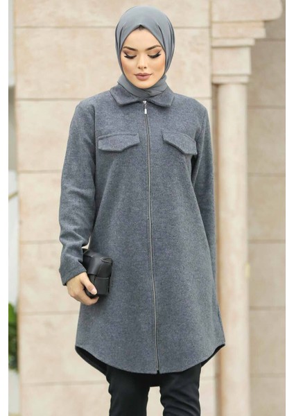 Neva Style Fermuarlı Füme Tesettür Kaşe Tunik 5944FU