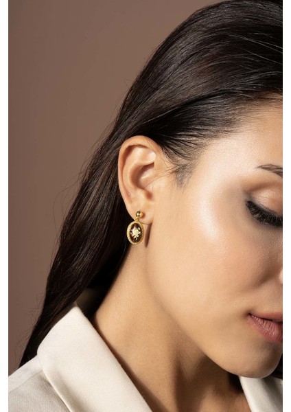 Damla Kehribar Içine Gül Desenli Minimal Gümüş Küpe Altın Rengi modelleri