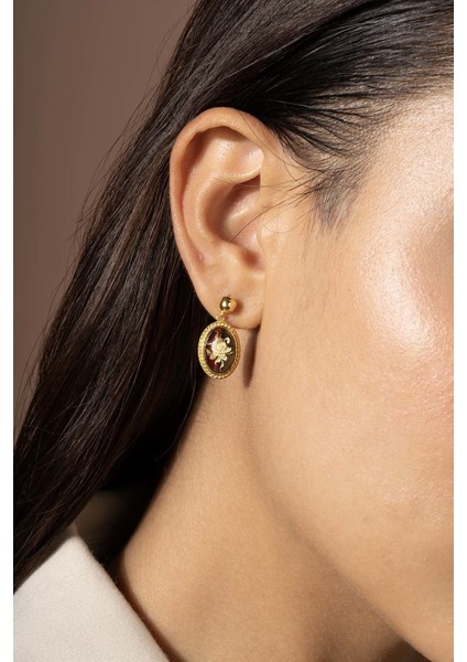 Damla Kehribar Içine Gül Desenli Minimal Gümüş Küpe Altın Rengi fırsatları