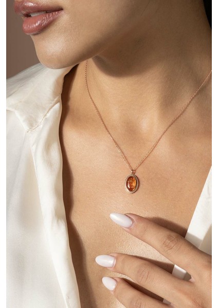 Damla Kehribar Taşlı Minimal Gümüş Kolye Rose Rengi fiyatları